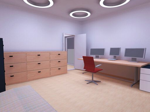 Photorealistic simulation of the office illuminated by ring-lights.