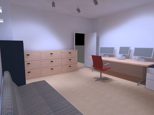 Photorealistic simulation of an office illuminated by spotlights.