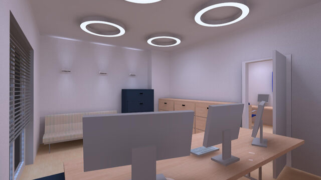 Photorealistic simulation of an illuminated office.