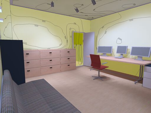 Photorealistic simulation of the office with illuminance isolines.