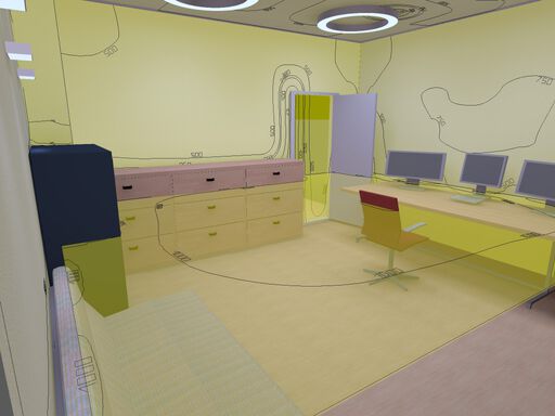 Photorealistic simulation of the office with illuminance isolines.