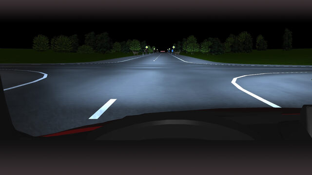 Road crossing illuminated by a standard automotive high beam headlight.